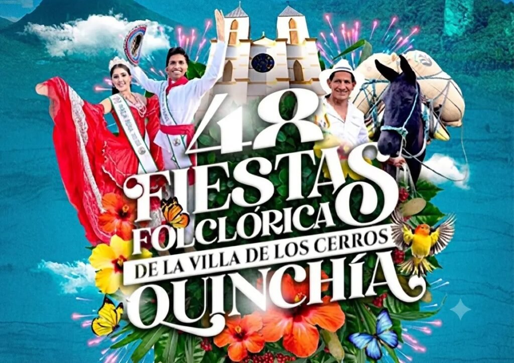 Pareja de bailarines con trajes típicos campesinos realizando la danza del machete en las Fiestas Folclóricas de Quinchía.