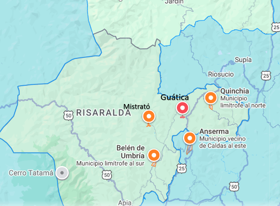 Mapa geográfico de Guática con etiquetas de sus municipios limítrofes: Mistrató, Belén de Umbría, Quinchía y Anserma.