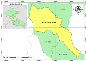 Mapa geográfico y político de Santuario Risaralda destacando su ubicación, límites con La Celia, Balboa y Apía, y mapa del departamento.