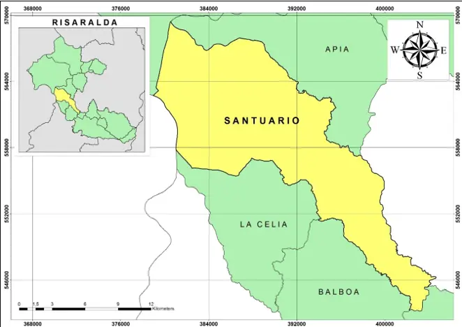 Mapa geográfico y político de Santuario Risaralda destacando su ubicación, límites con La Celia, Balboa y Apía, y mapa del departamento.